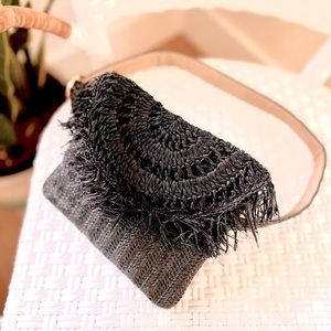 Raffia Straw Belted Bag Fanny Pack Black Fringe INC International Concepts